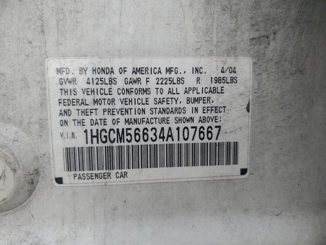 2004 Honda Accord Ex VIN: 1HGCM56634A107667 Lot: 62799474