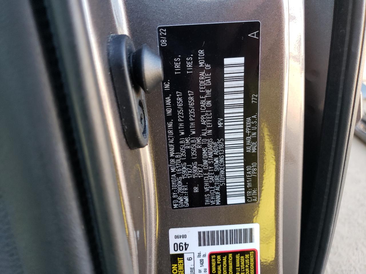 2022 Toyota Sienna Xle VIN: 5TDYRKEC9NS131875 Lot: 63482124