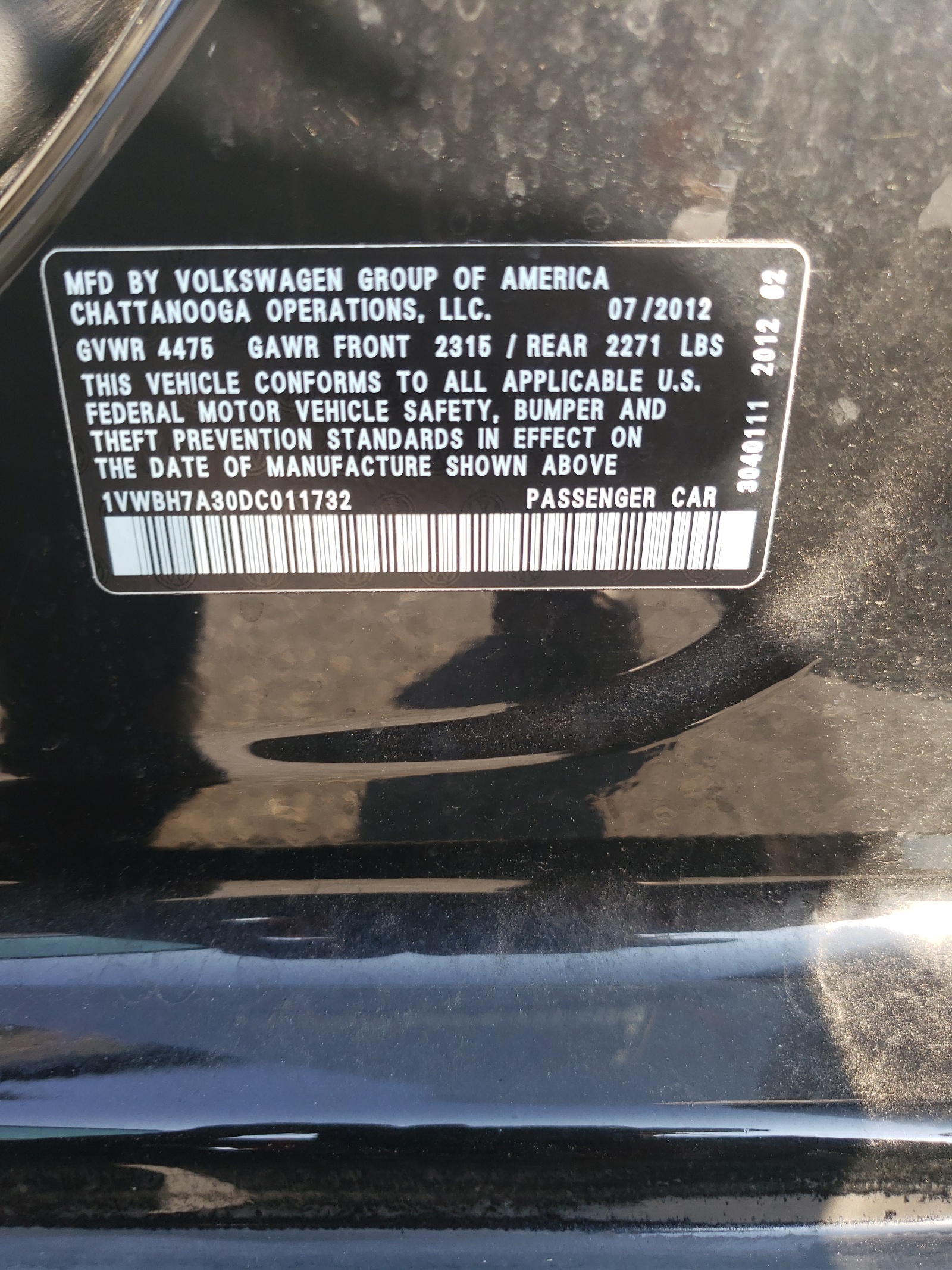 1VWBH7A30DC011732 2013 Volkswagen Passat Se