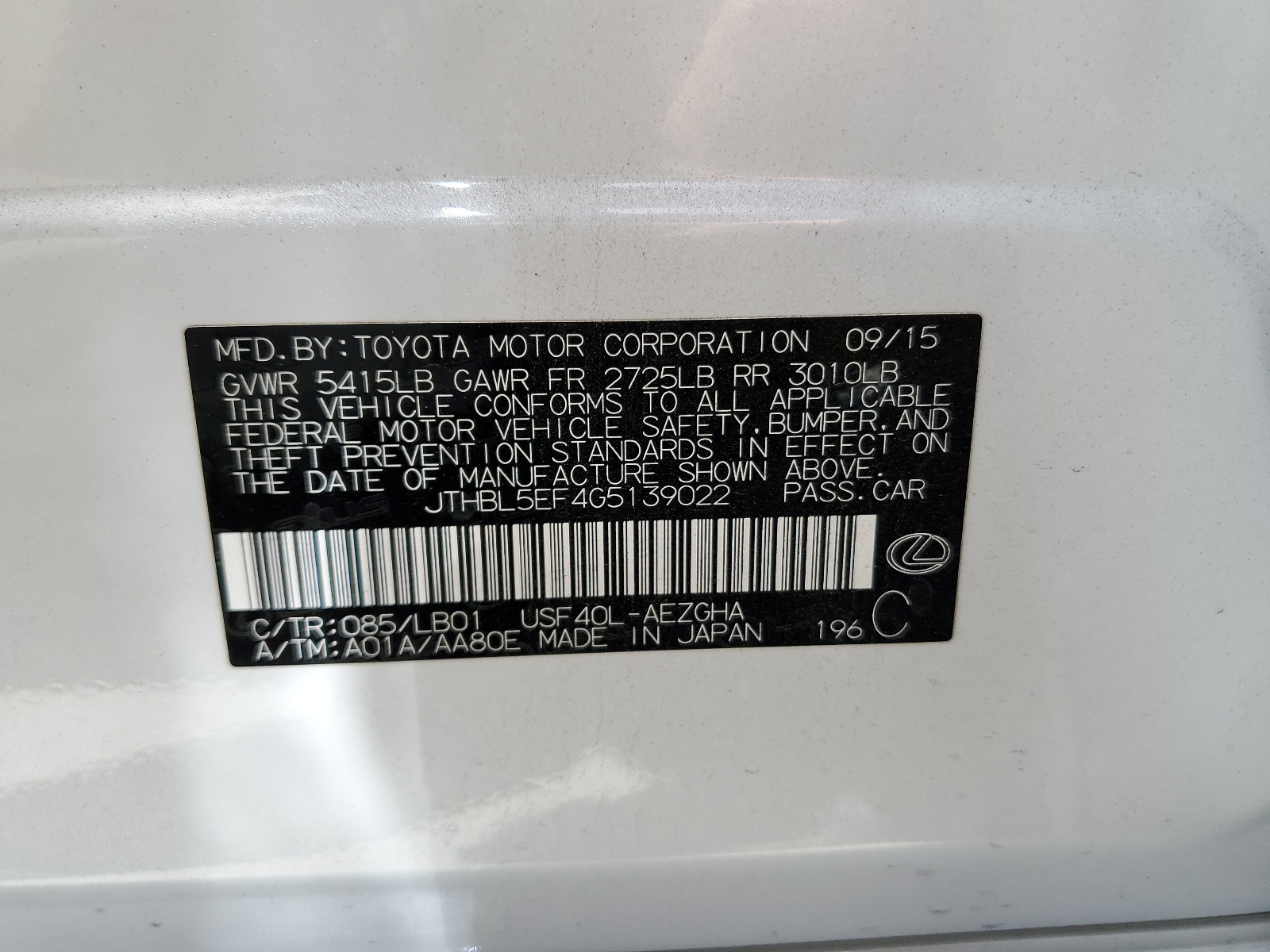 JTHBL5EF4G5139022 2016 Lexus Ls 460