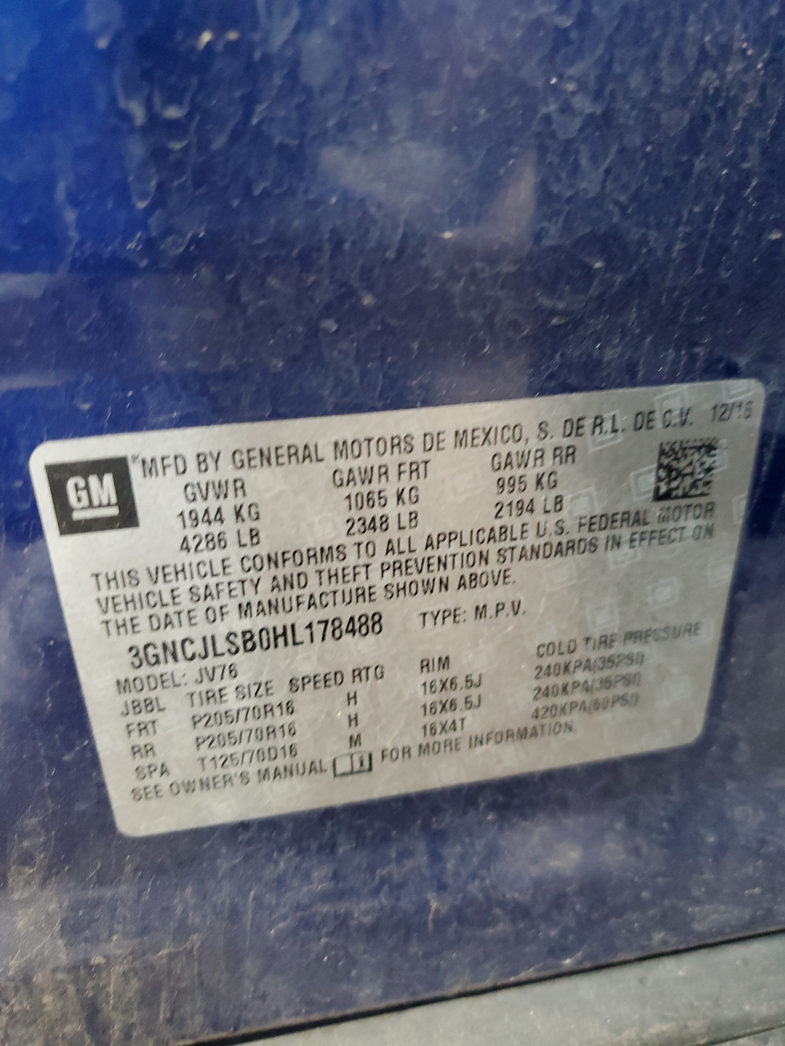 3GNCJLSB0HL178488 2017 Chevrolet Trax 1Lt