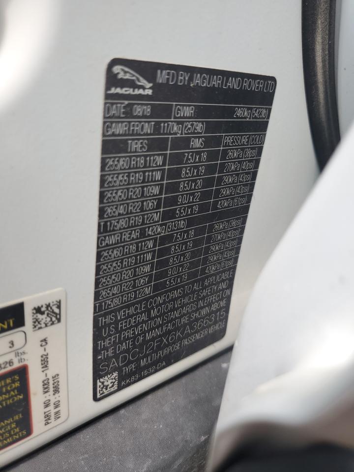 2019 Jaguar F-Pace Premium VIN: SADCJ2FX6KA366315 Lot: 64088134