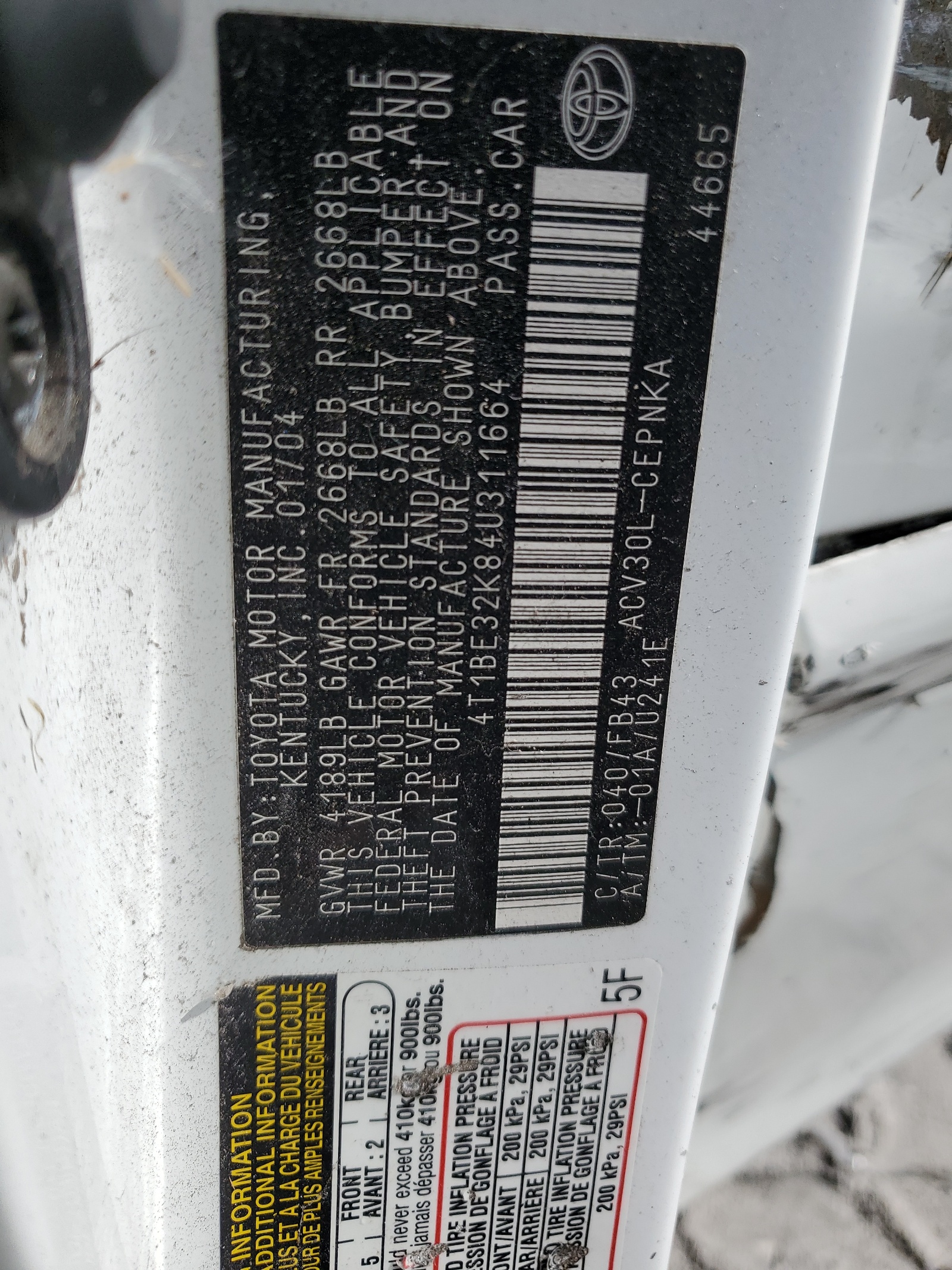 4T1BE32K84U311664 2004 Toyota Camry Le