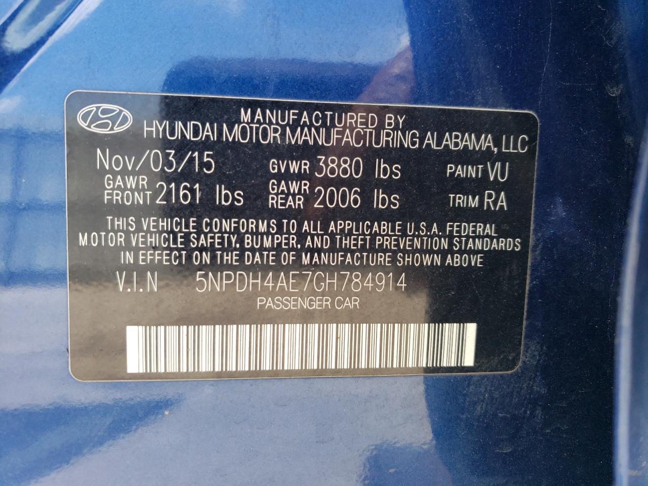 2016 Hyundai Elantra Se VIN: 5NPDH4AE7GH784914 Lot: 62449114