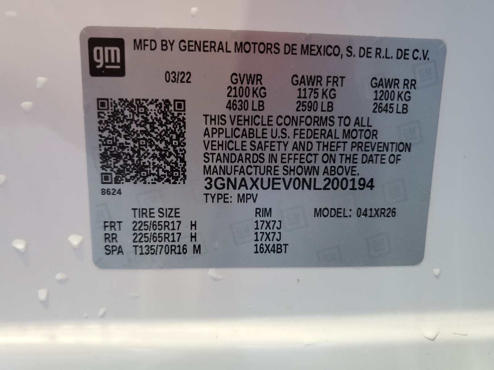 3GNAXUEV0NL200194 2022 Chevrolet Equinox Lt