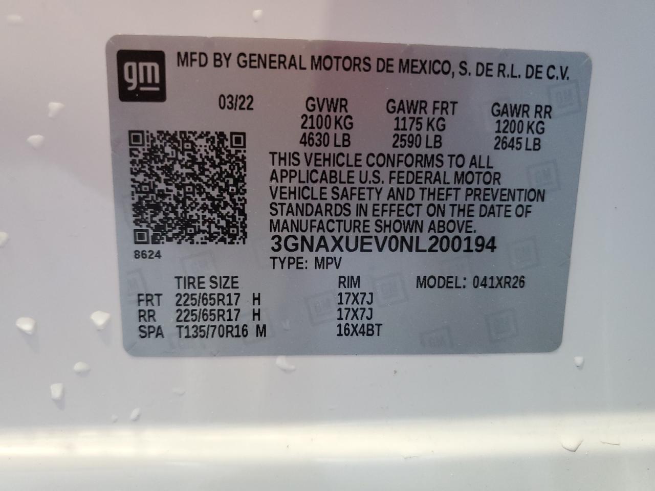 2022 Chevrolet Equinox Lt VIN: 3GNAXUEV0NL200194 Lot: 63593644