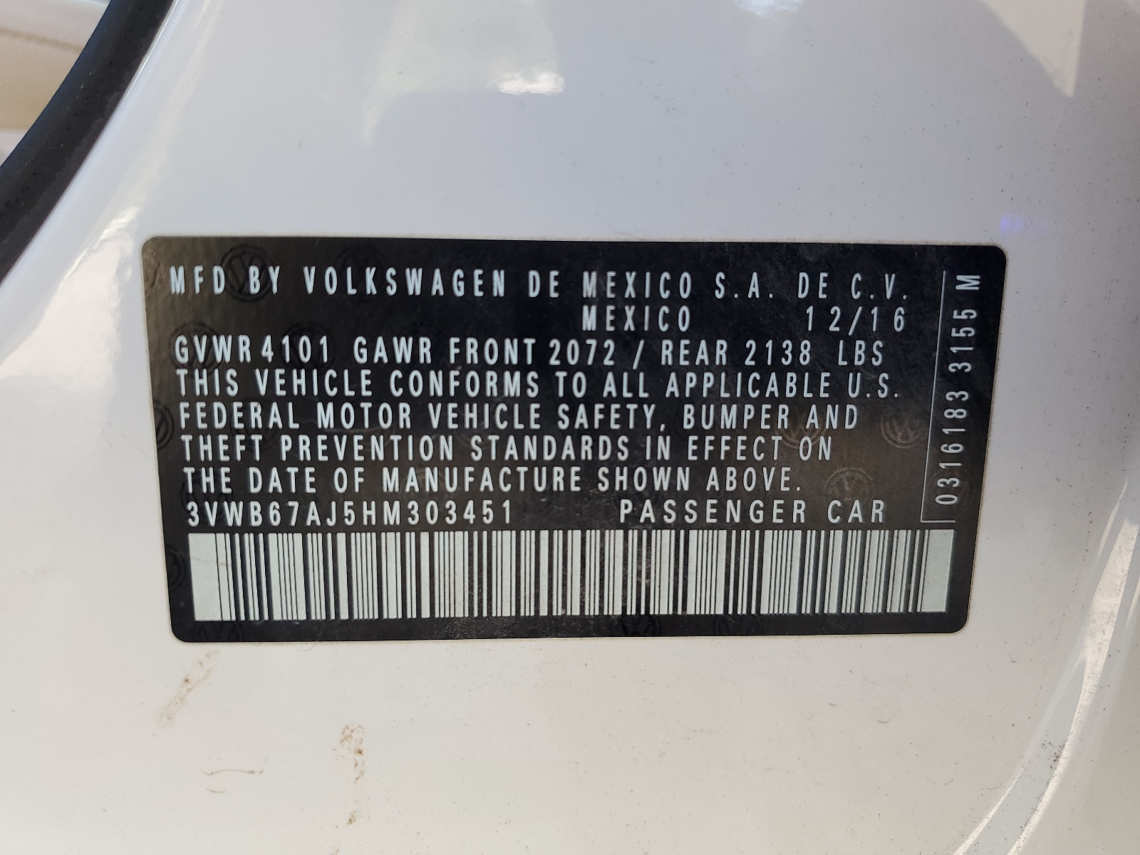 3VWB67AJ5HM303451 2017 Volkswagen Jetta Se