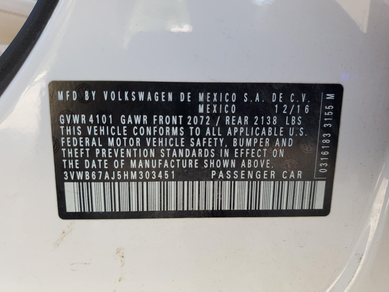 2017 Volkswagen Jetta Se VIN: 3VWB67AJ5HM303451 Lot: 63275184