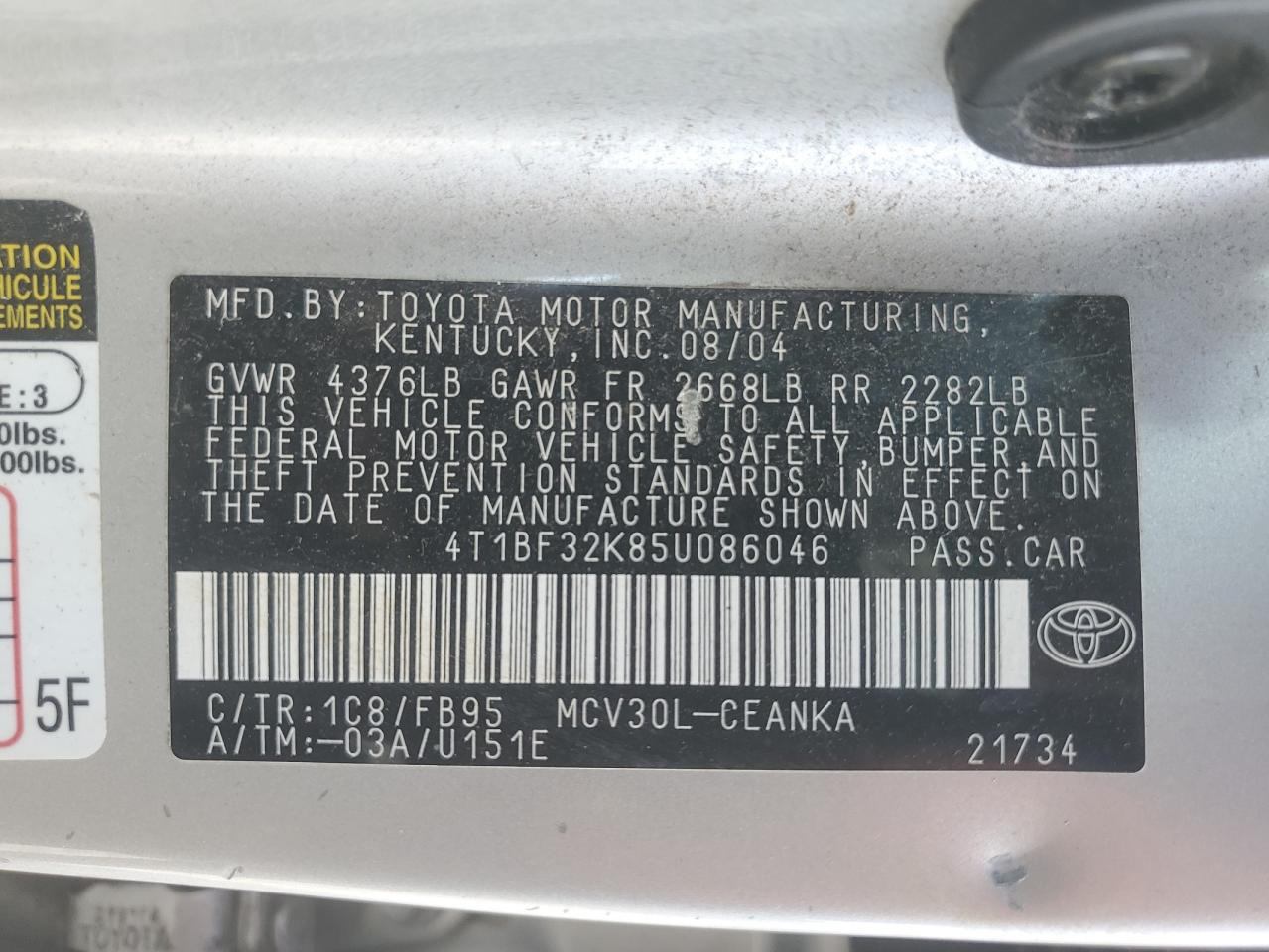 4T1BF32K85U086046 2005 Toyota Camry Le