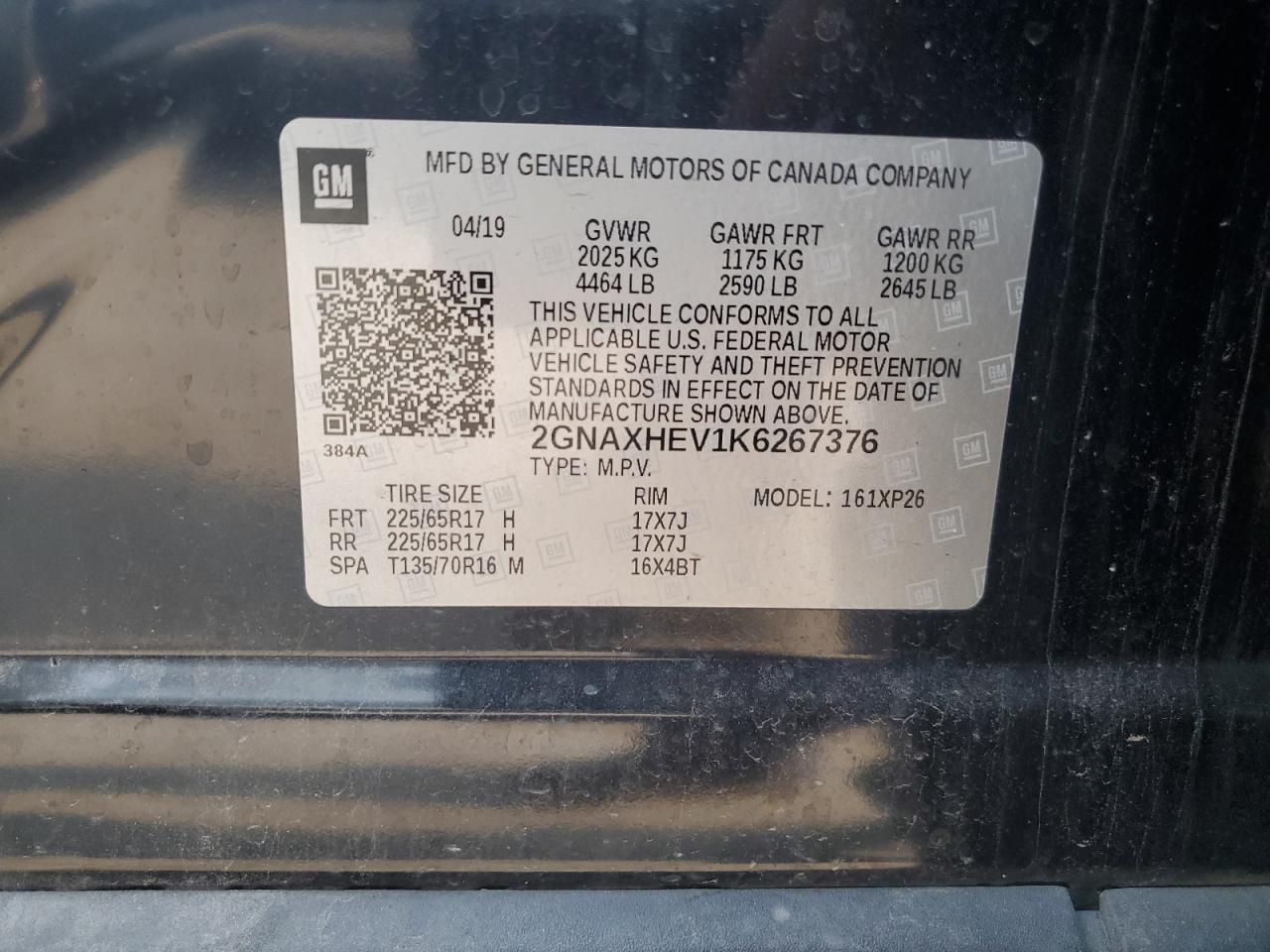 2GNAXHEV1K6267376 2019 Chevrolet Equinox Ls