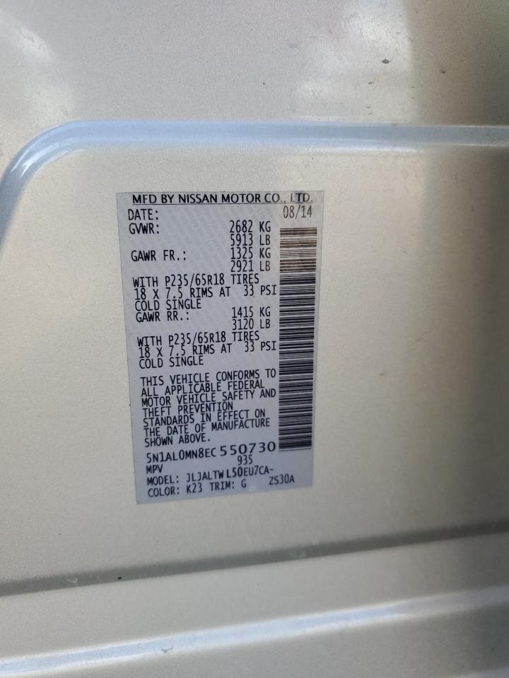 2014 Infiniti Qx60 VIN: 5N1AL0MN8EC550730 Lot: 64863794