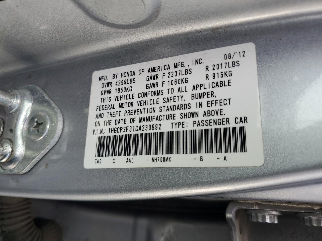 1HGCP2F31CA230992 2012 Honda Accord Lx