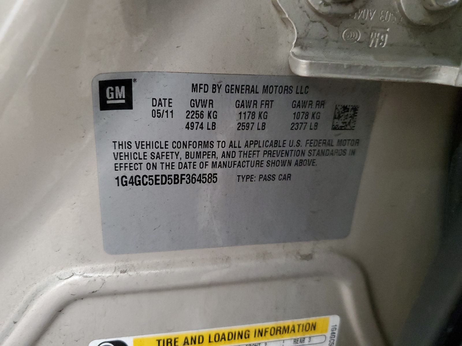 1G4GC5ED5BF364585 2011 Buick Lacrosse Cxl