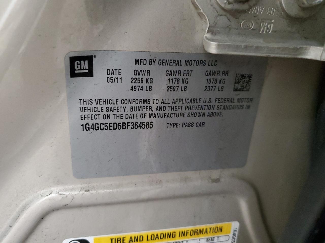 2011 Buick Lacrosse Cxl VIN: 1G4GC5ED5BF364585 Lot: 64003424