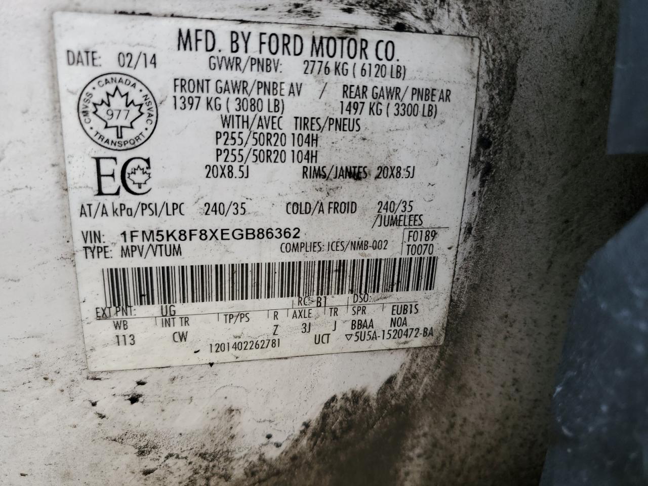 2014 Ford Explorer Limited VIN: 1FM5K8F8XEGB86362 Lot: 63220154