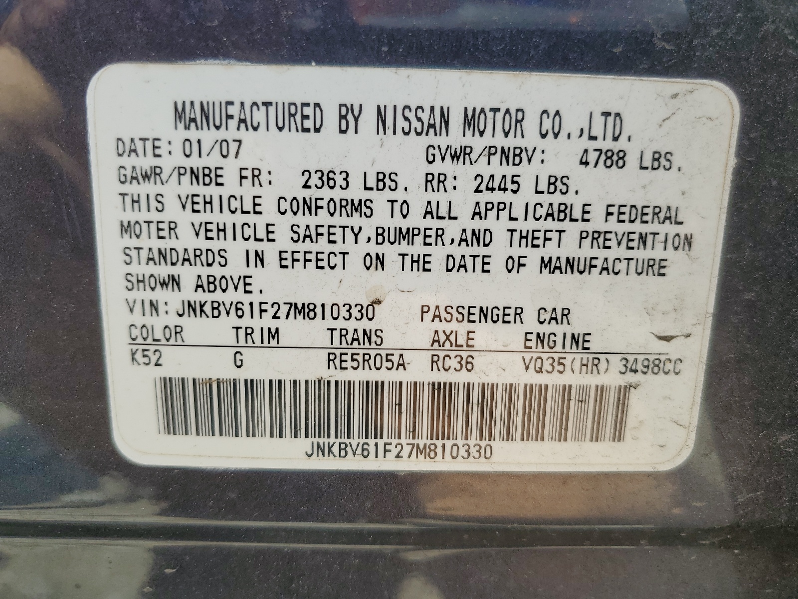 JNKBV61F27M810330 2007 Infiniti G35