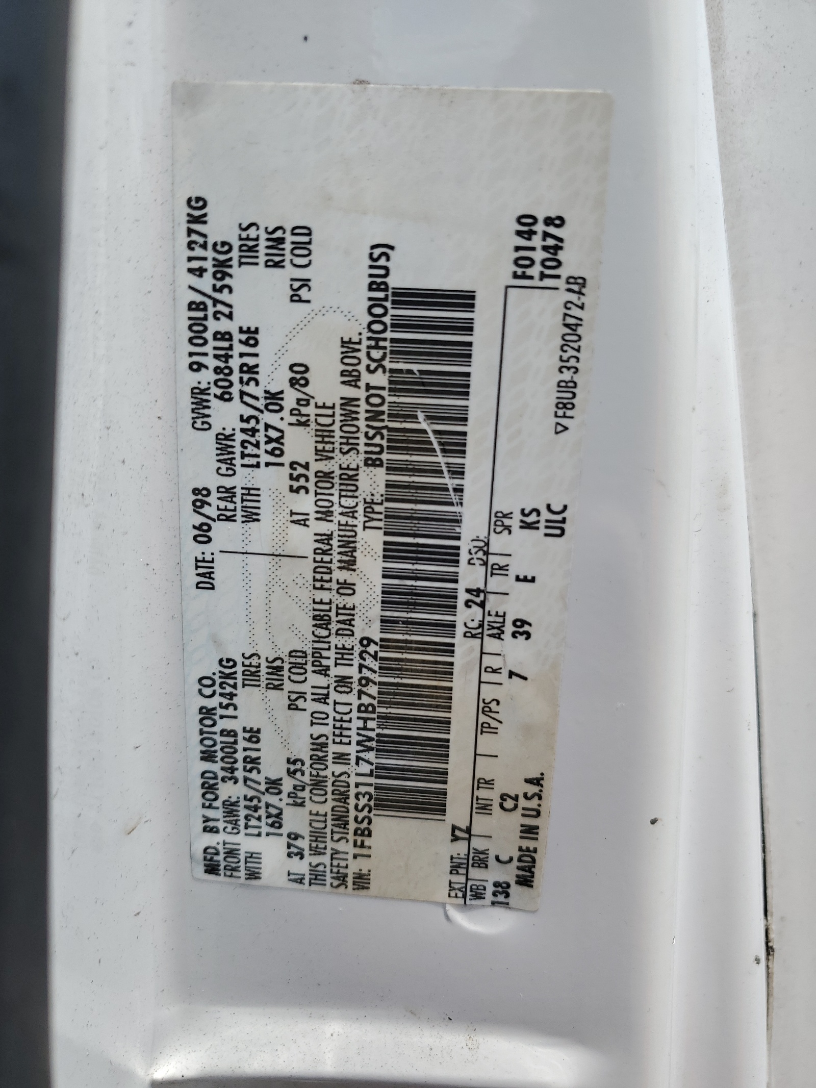 1FBSS31L7WHB79729 1998 Ford Econoline E350 Super Duty