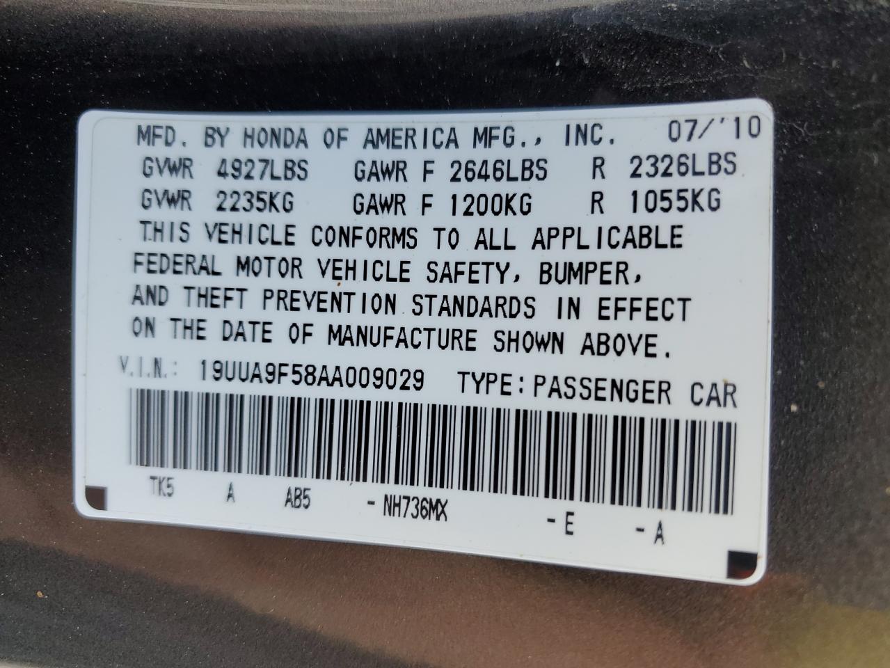 2010 Acura Tl VIN: 19UUA9F58AA009029 Lot: 63205764