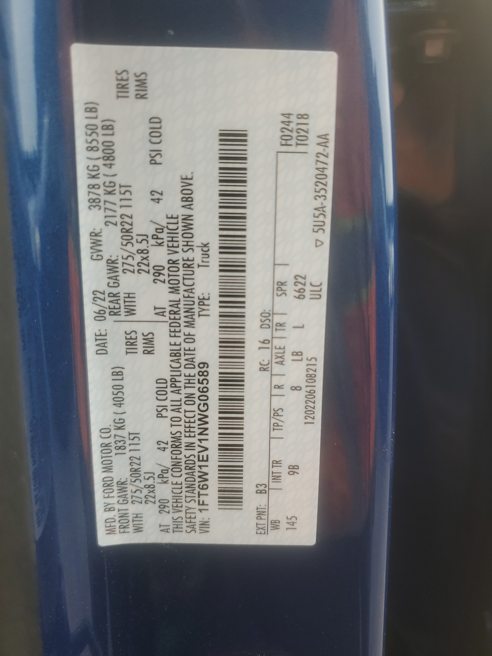 1FT6W1EV1NWG06589 2022 Ford F150 Lightning Pro