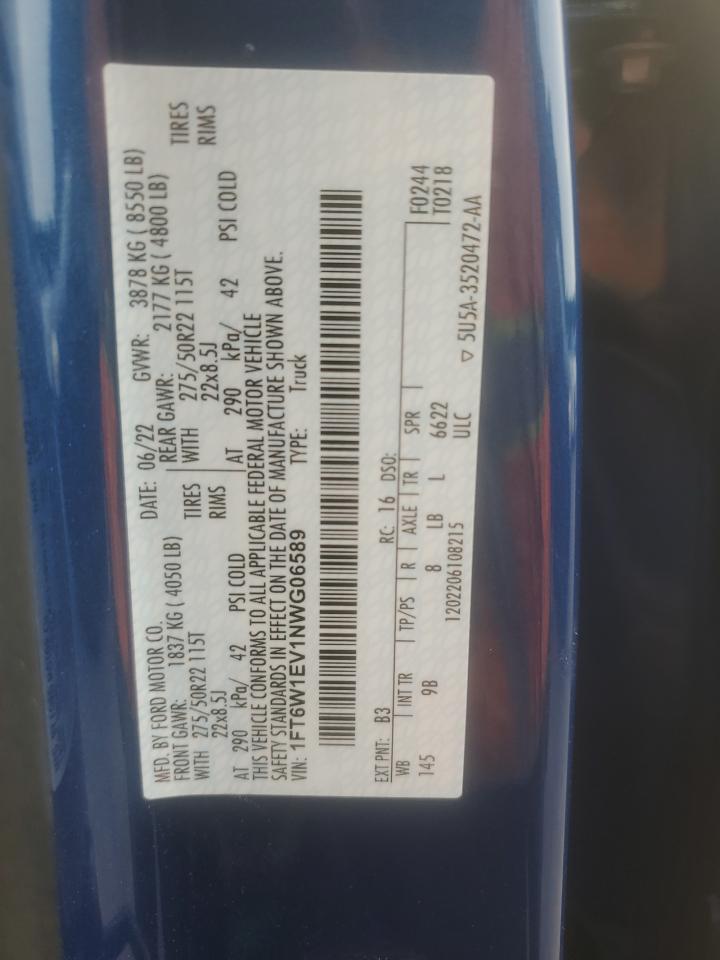 2022 Ford F150 Lightning Pro VIN: 1FT6W1EV1NWG06589 Lot: 63295434