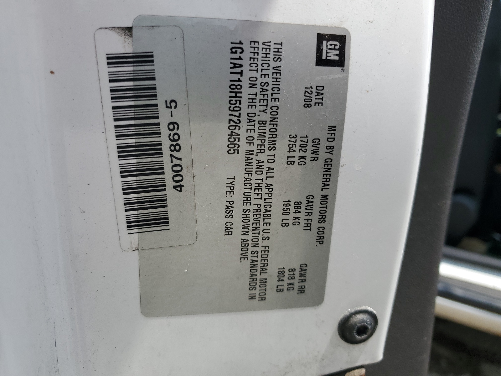 1G1AT18H597264565 2009 Chevrolet Cobalt Lt