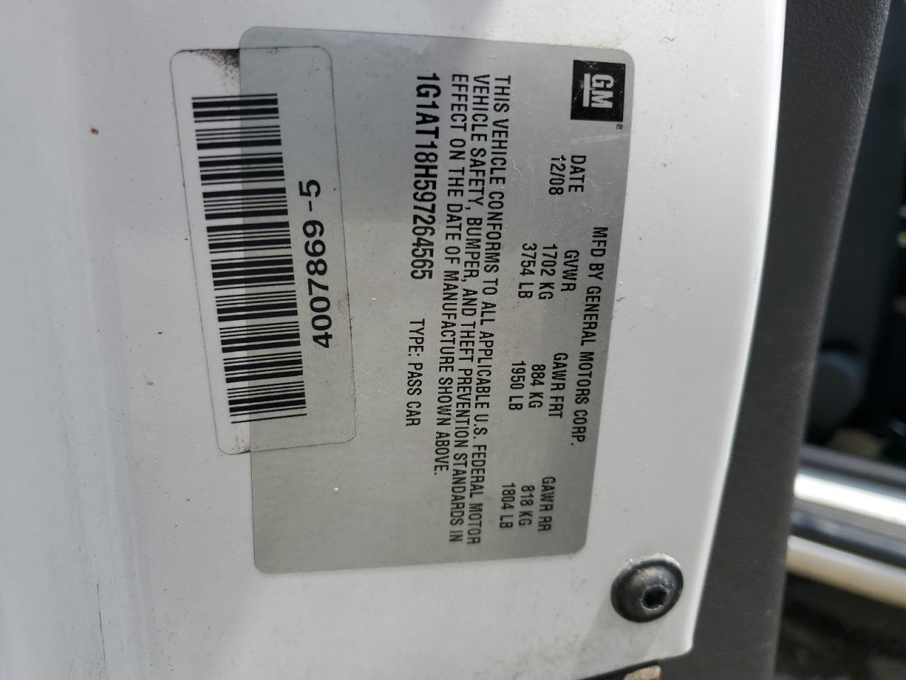 2009 Chevrolet Cobalt Lt VIN: 1G1AT18H597264565 Lot: 62826964