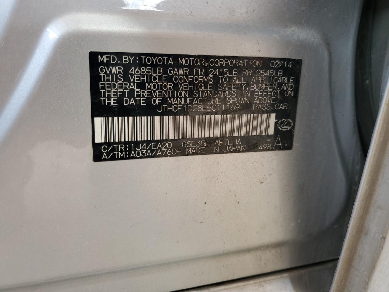 2014 Lexus Is 250 VIN: JTHCF1D28E5011169 Lot: 63838194