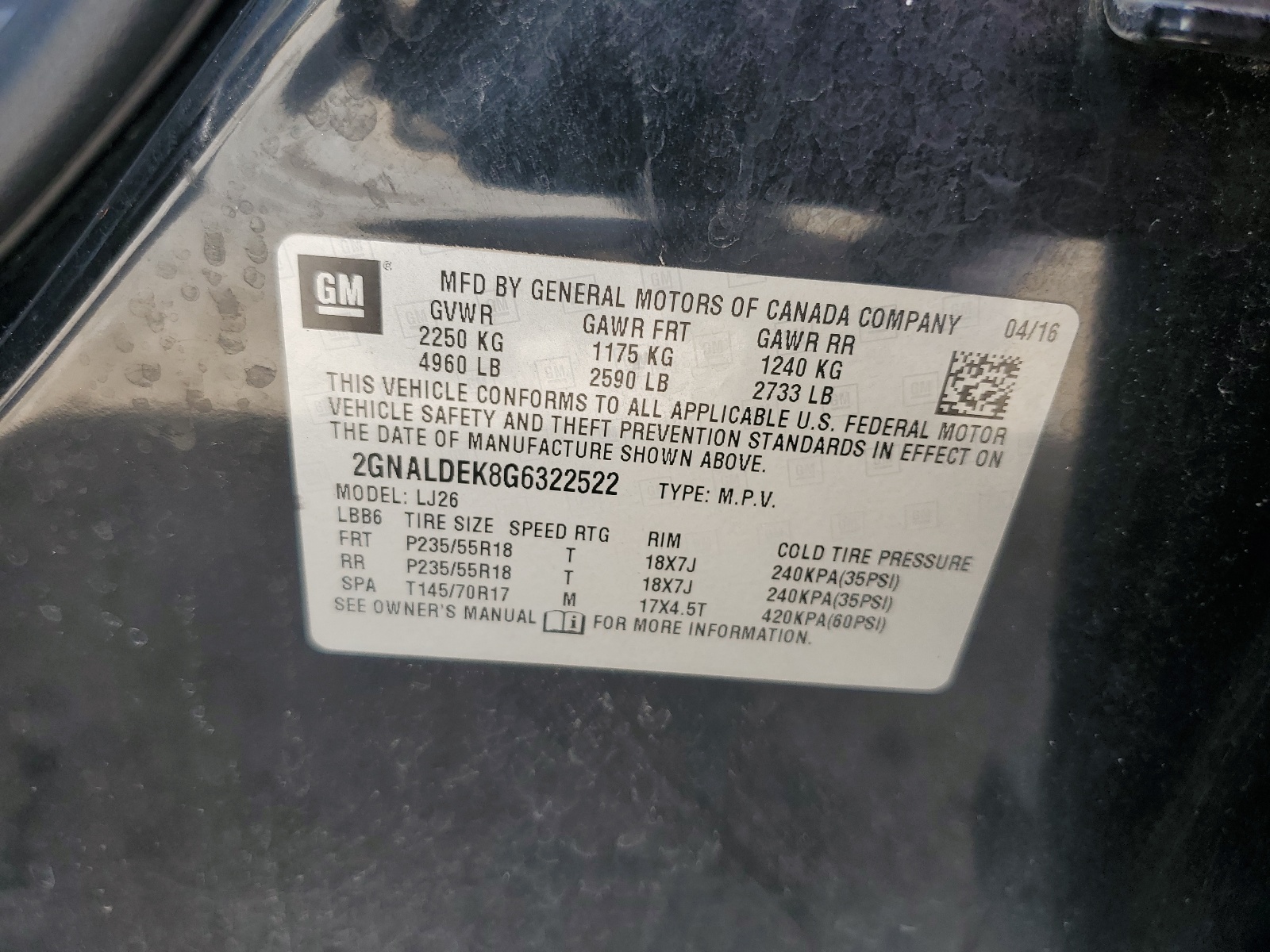 2GNALDEK8G6322522 2016 Chevrolet Equinox Ltz