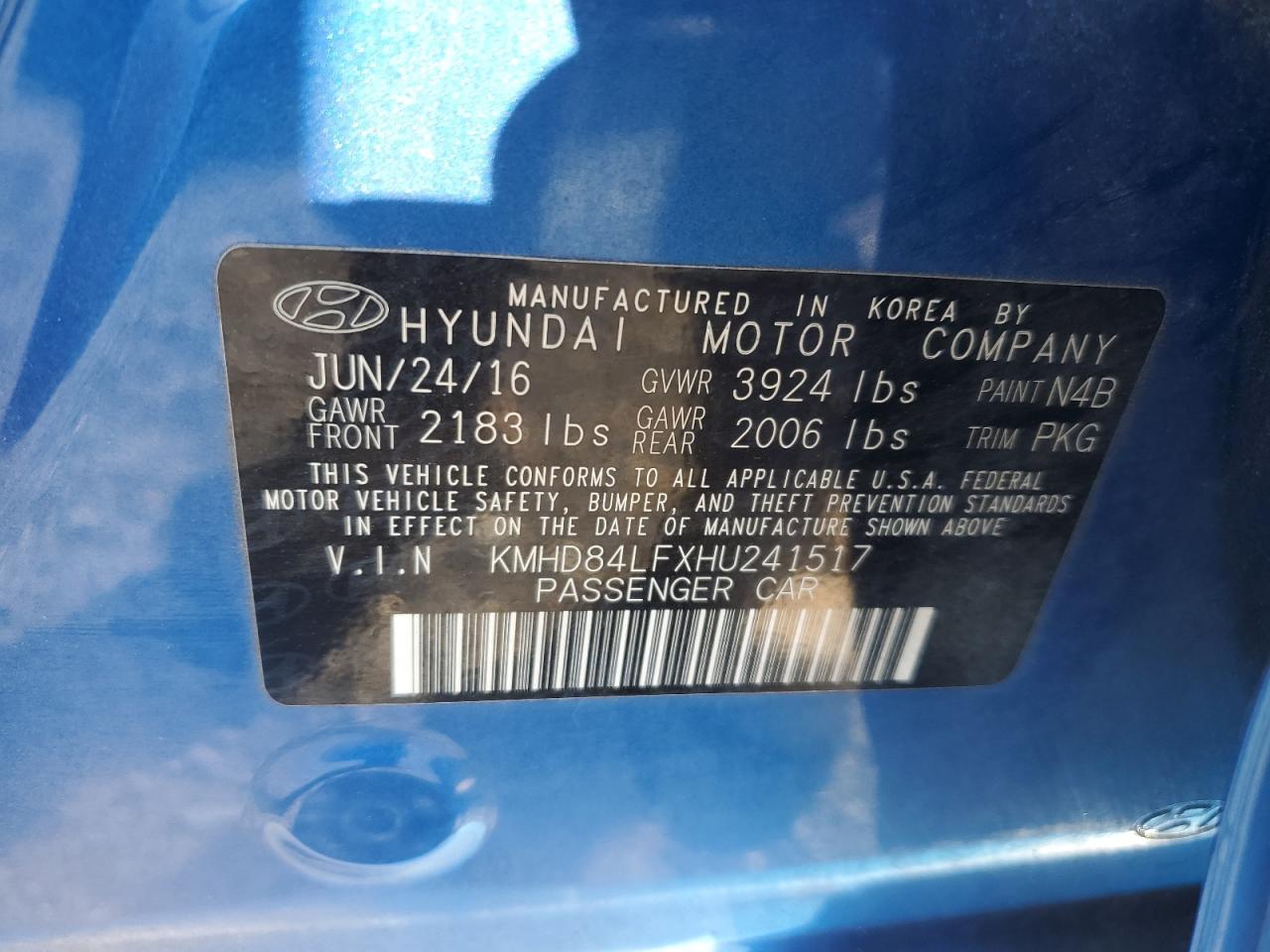 VIN KMHD84LFXHU241517 2017 HYUNDAI ELANTRA no.12