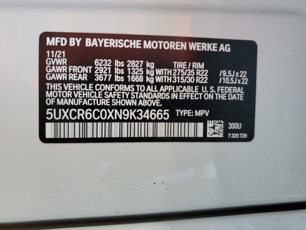 2022 BMW X5 xDrive40I VIN: 5UXCR6C0XN9K34665 Lot: 61043584