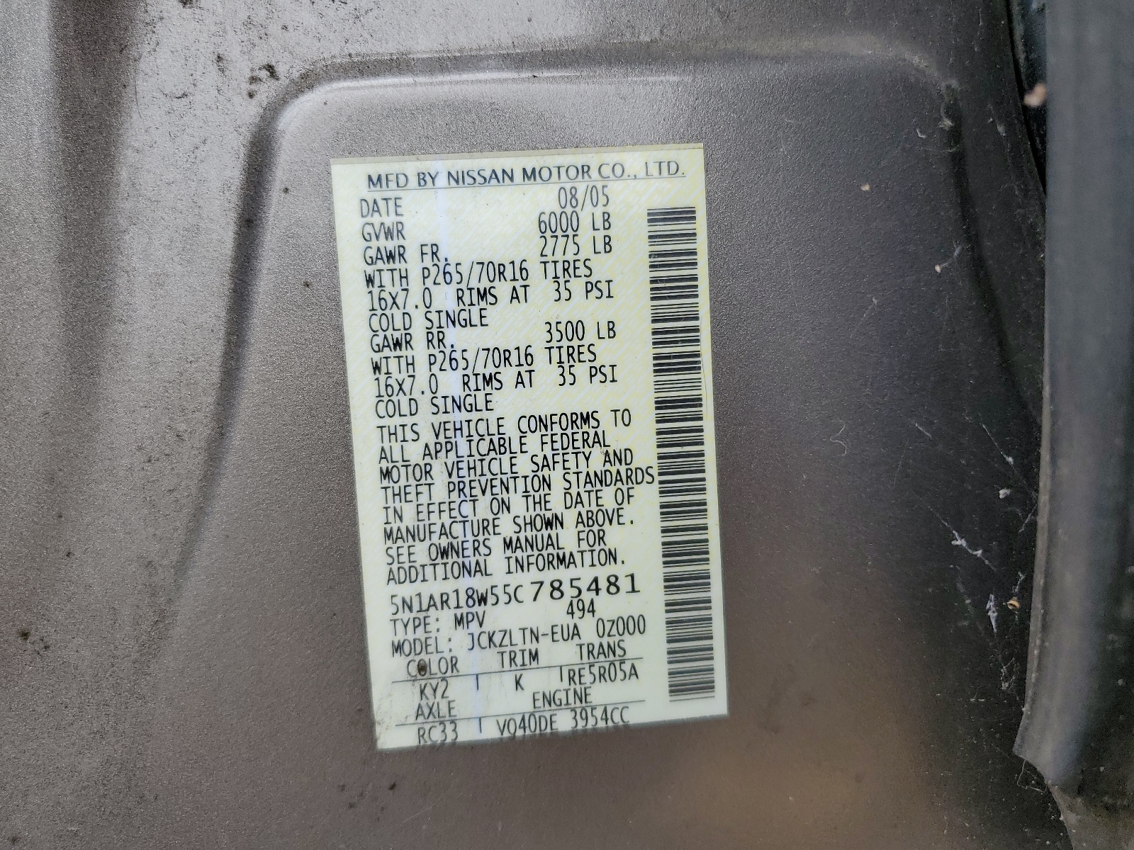 5N1AR18W55C785481 2005 Nissan Pathfinder Le