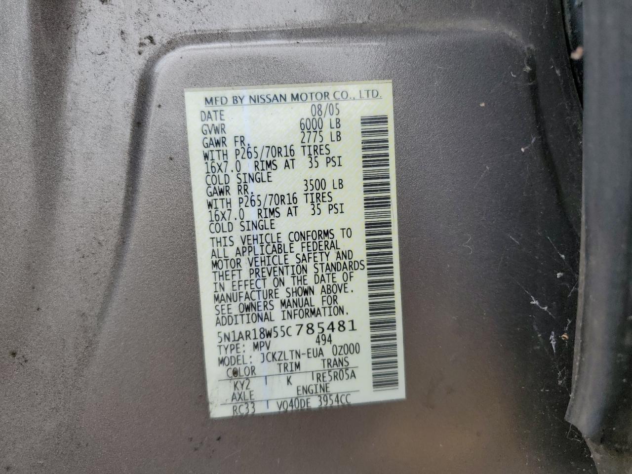 2005 Nissan Pathfinder Le VIN: 5N1AR18W55C785481 Lot: 64663424