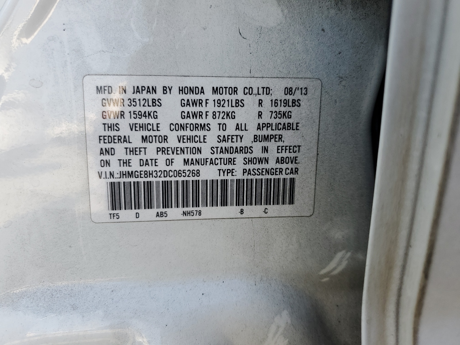 JHMGE8H32DC065268 2013 Honda Fit