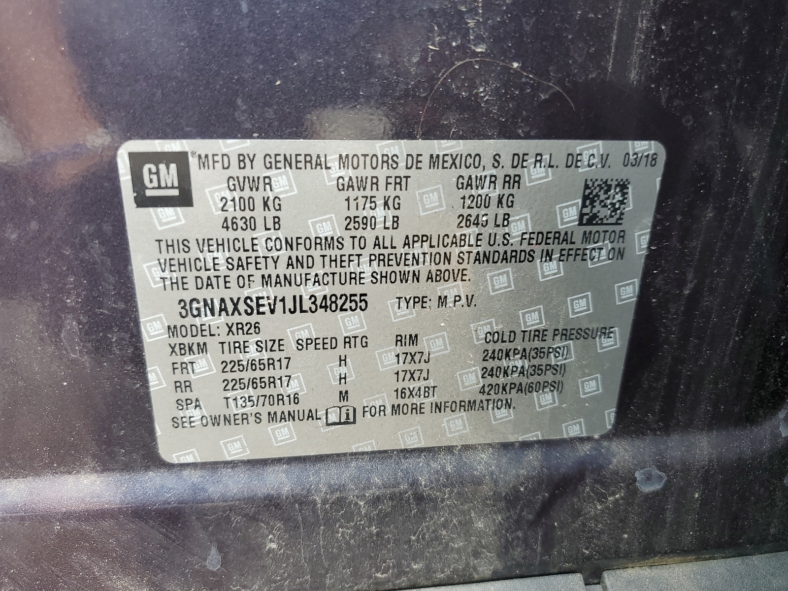 3GNAXSEV1JL348255 2018 Chevrolet Equinox Lt