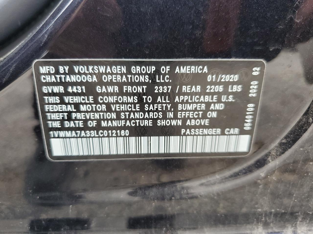 2020 Volkswagen Passat R-Line VIN: 1VWMA7A33LC012160 Lot: 63487994