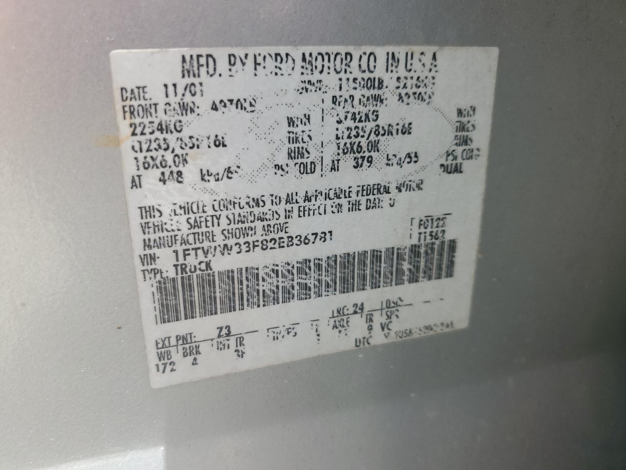 2002 Ford F350 Super Duty VIN: 1FTWW33F82EB36781 Lot: 63112564