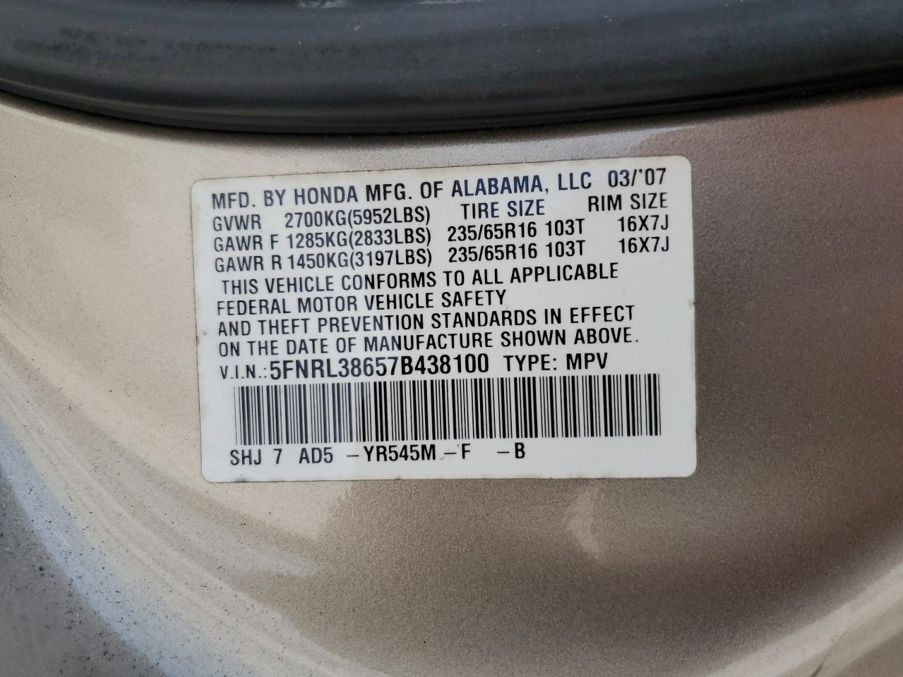 2007 Honda Odyssey Exl VIN: 5FNRL38657B438100 Lot: 65419954