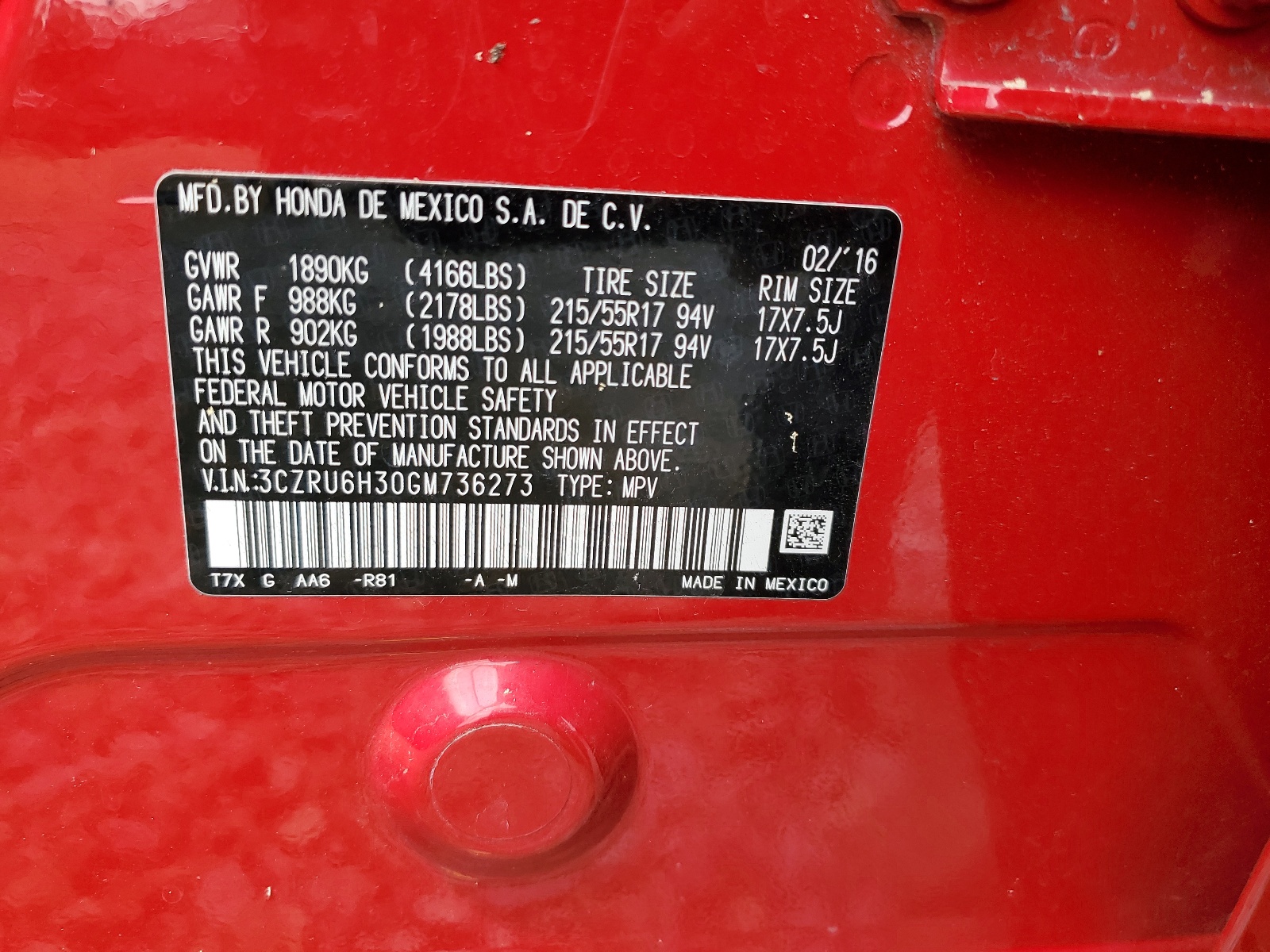 3CZRU6H30GM736273 2016 Honda Hr-V Lx