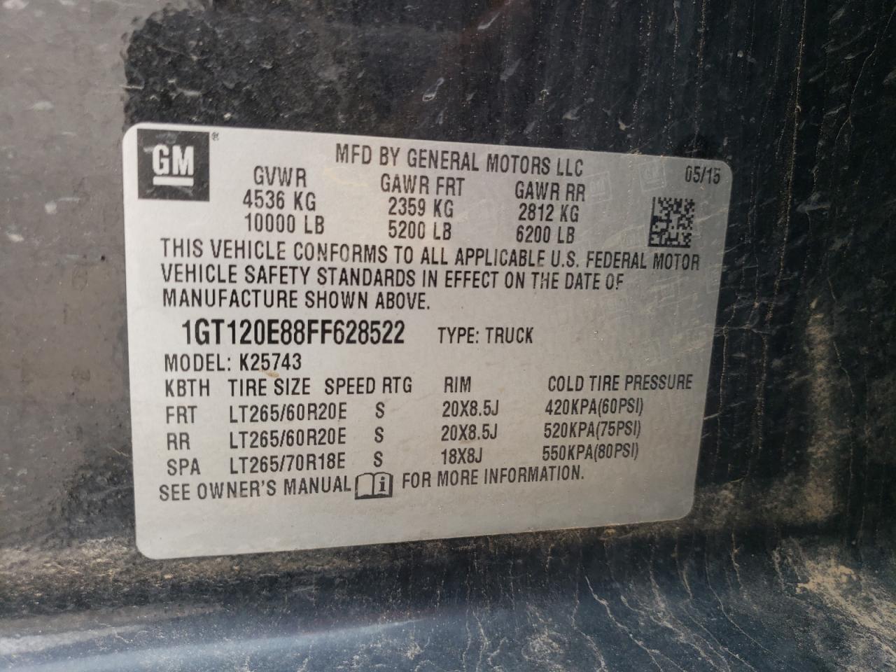 2015 GMC Sierra K2500 Denali VIN: 1GT120E88FF628522 Lot: 64772544