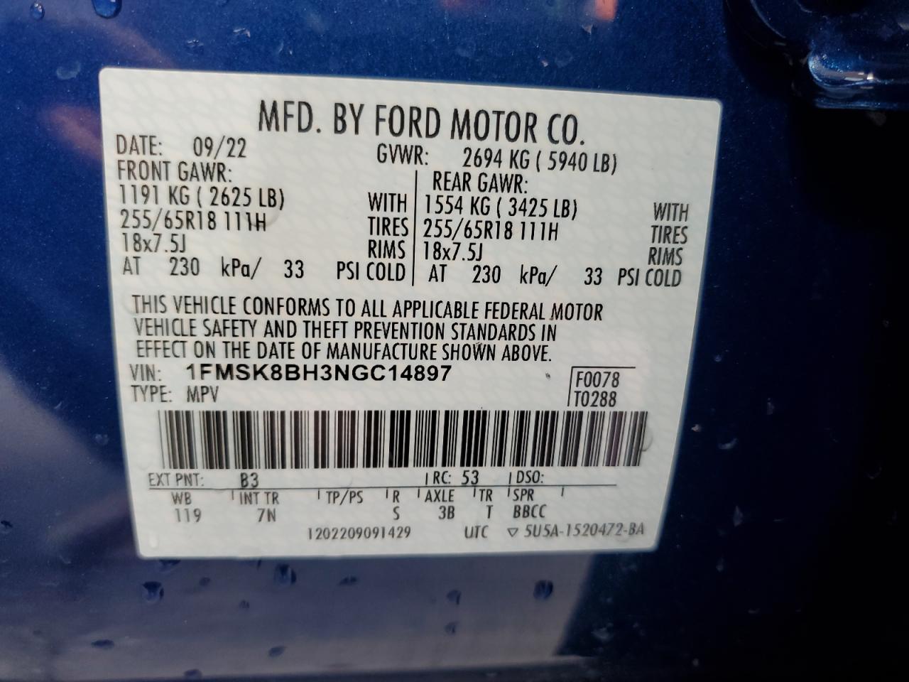 2022 Ford Explorer VIN: 1FMSK8BH3NGC14897 Lot: 64881154