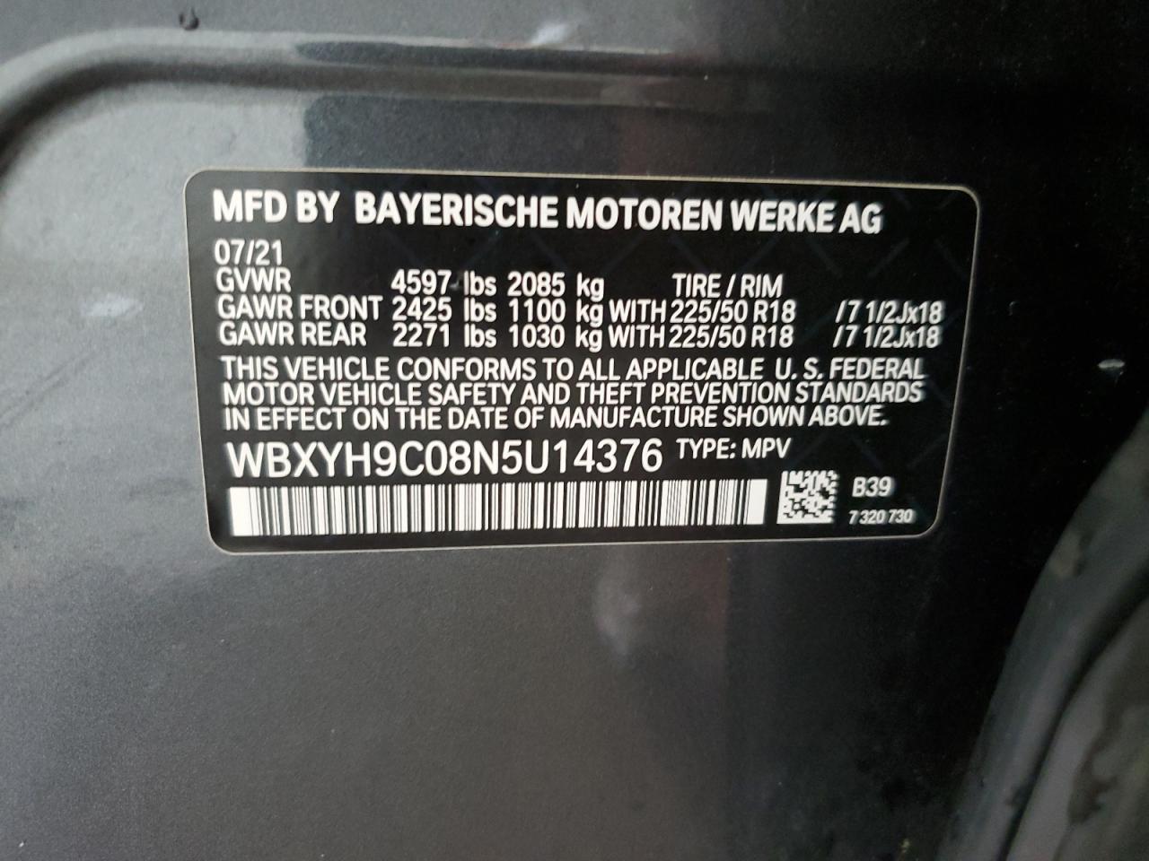 2022 BMW X2 Sdrive28I VIN: WBXYH9C08N5U14376 Lot: 63665124