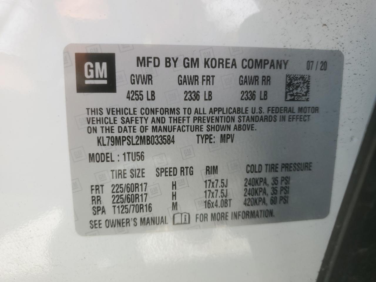 2021 Chevrolet Trailblazer Lt VIN: KL79MPSL2MB033584 Lot: 61274004