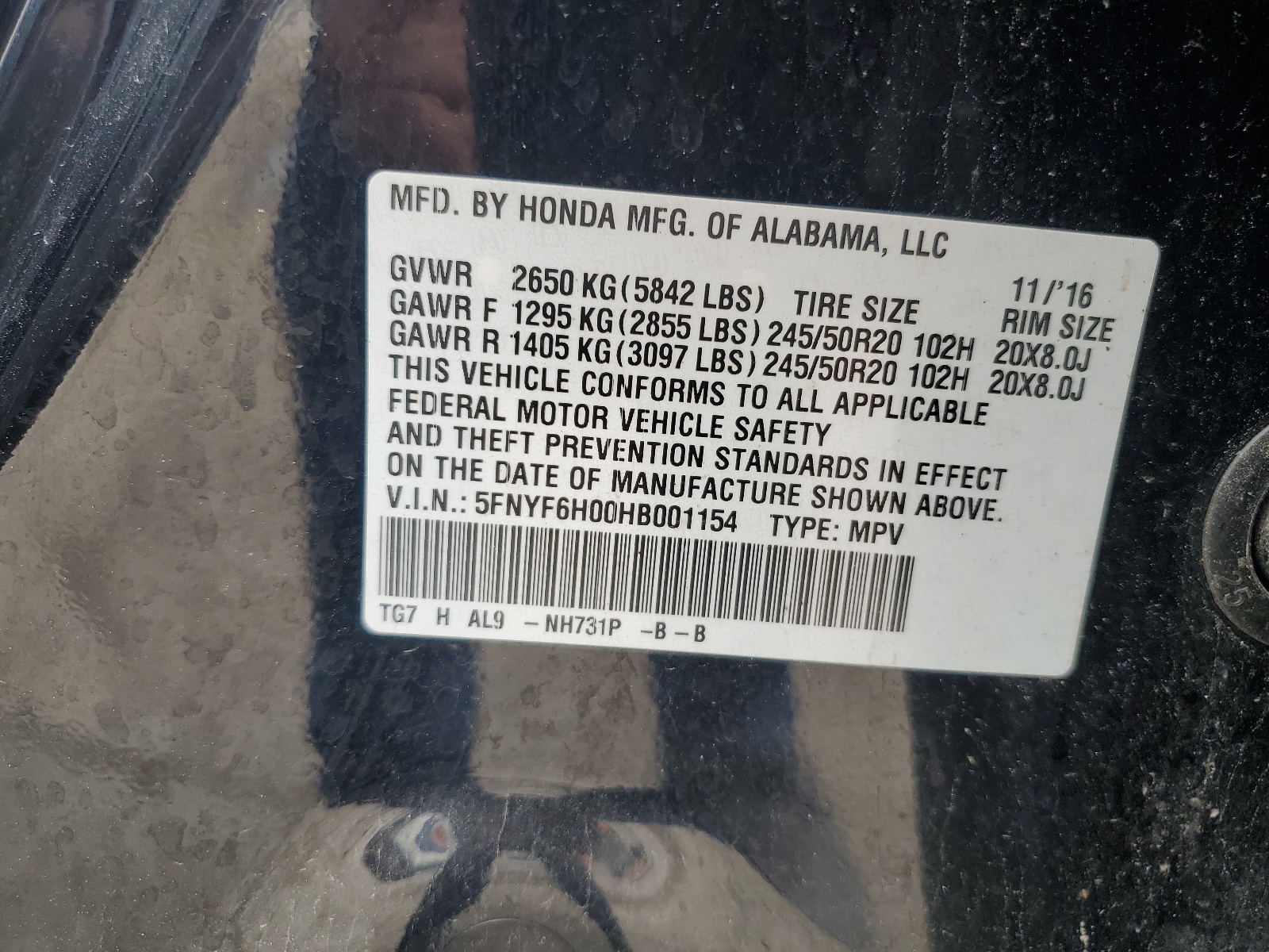 5FNYF6H00HB001154 2017 Honda Pilot Elite