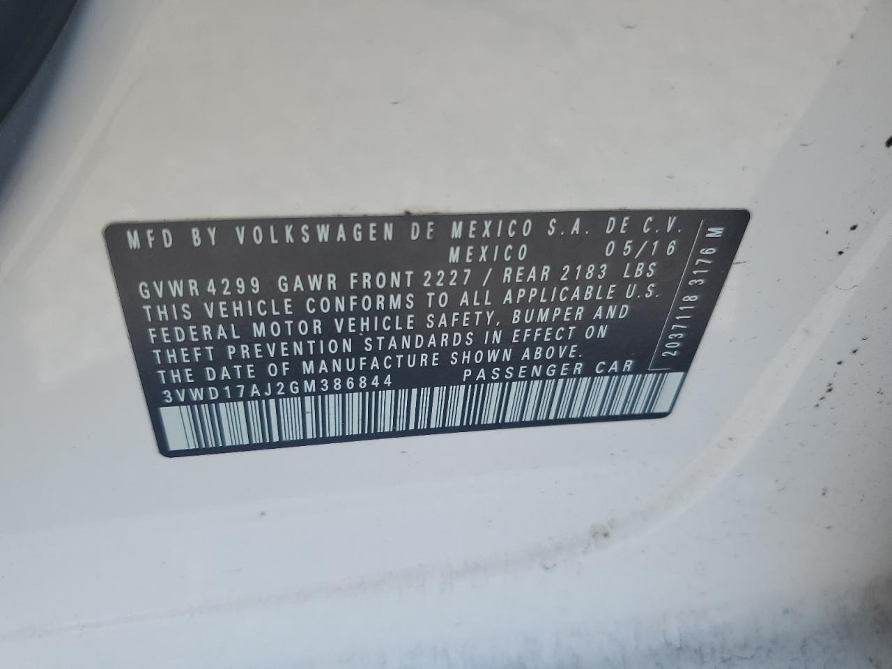 2016 Volkswagen Jetta Sport VIN: 3VWD17AJ2GM386844 Lot: 63567724