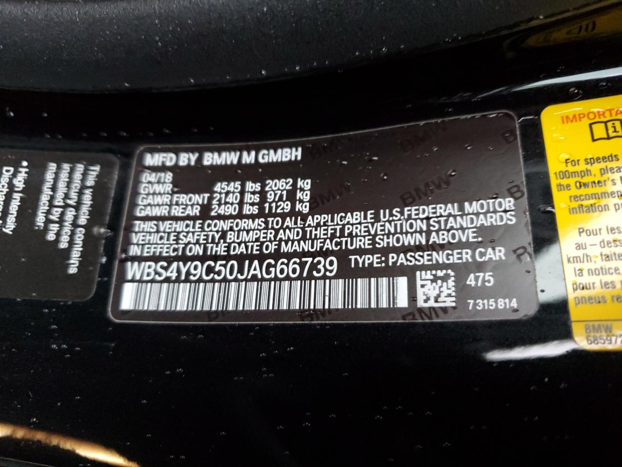 2018 BMW M4 VIN: WBS4Y9C50JAG66739 Lot: 63795104