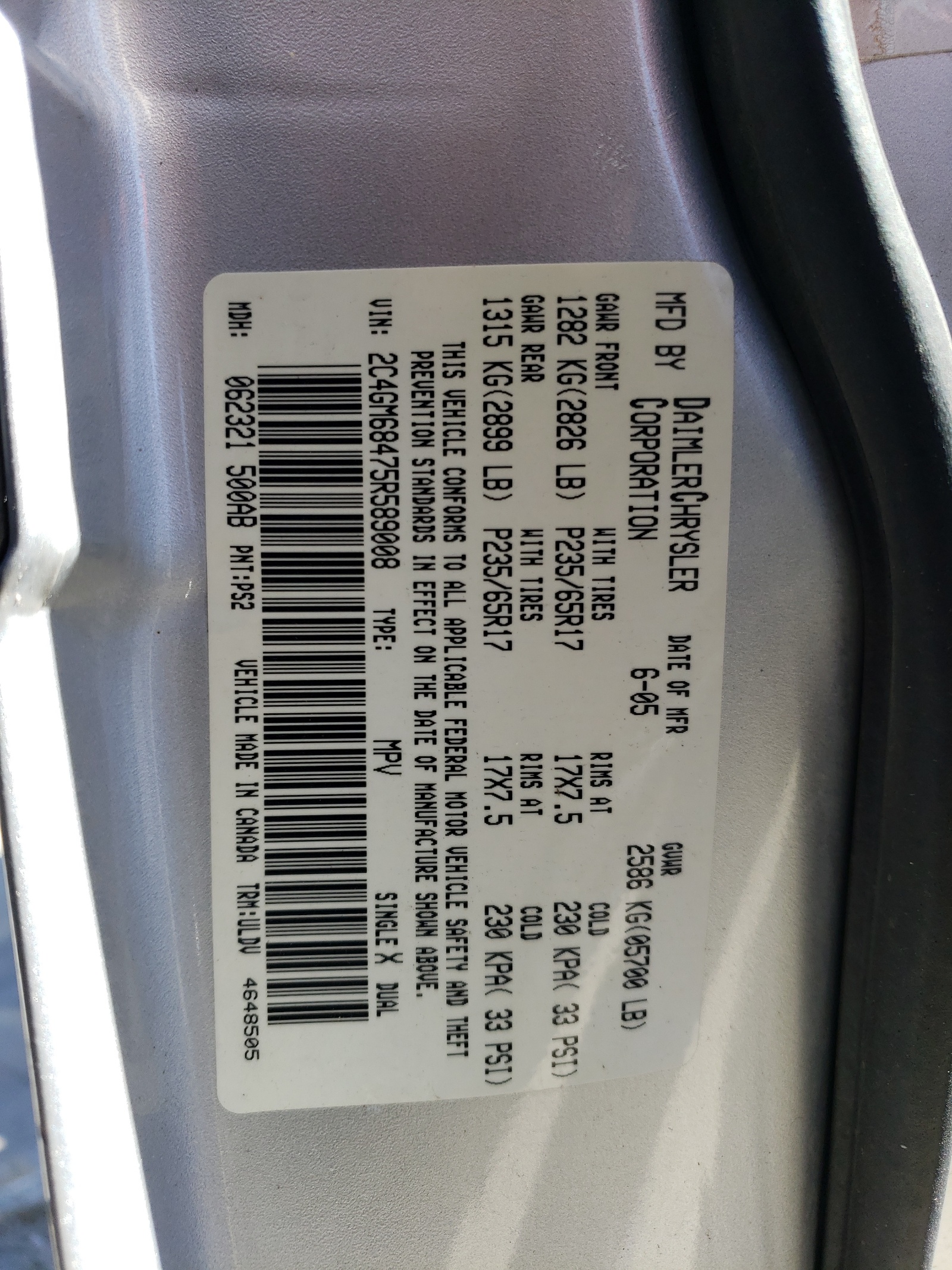 2C4GM68475R589008 2005 Chrysler Pacifica Touring