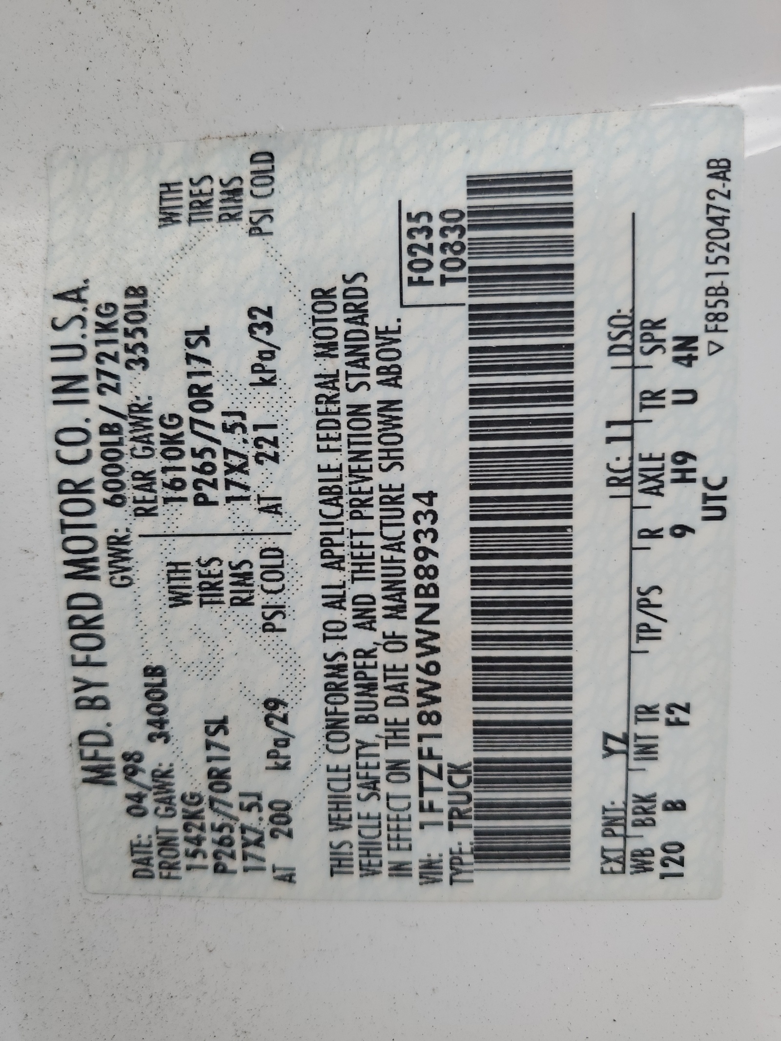 1FTZF18W6WNB89334 1998 Ford F150