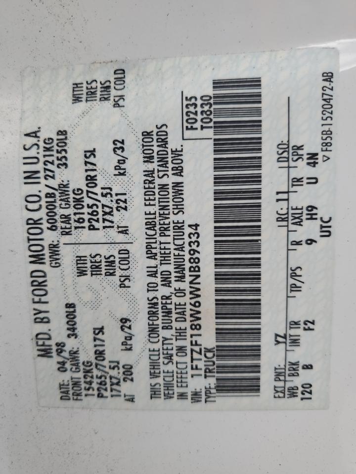 1998 Ford F150 VIN: 1FTZF18W6WNB89334 Lot: 65659044