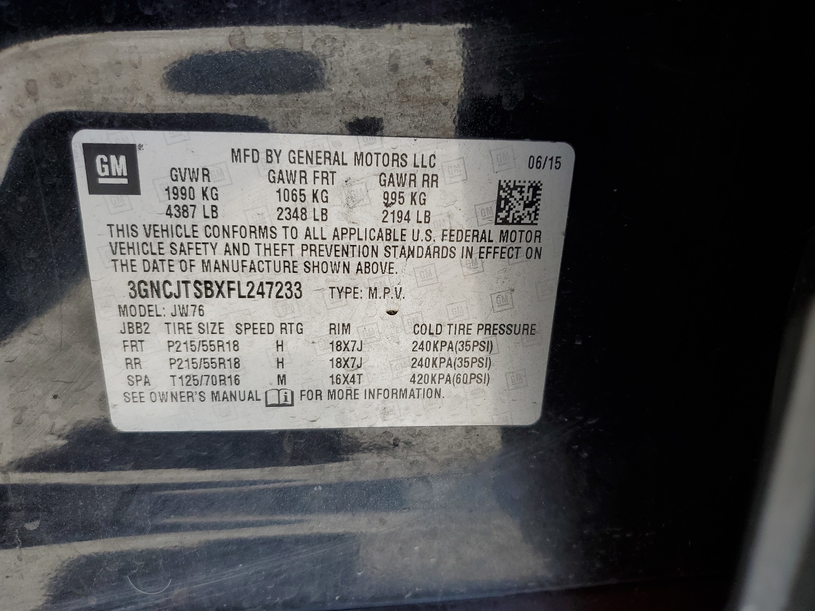 3GNCJTSBXFL247233 2015 Chevrolet Trax Ltz