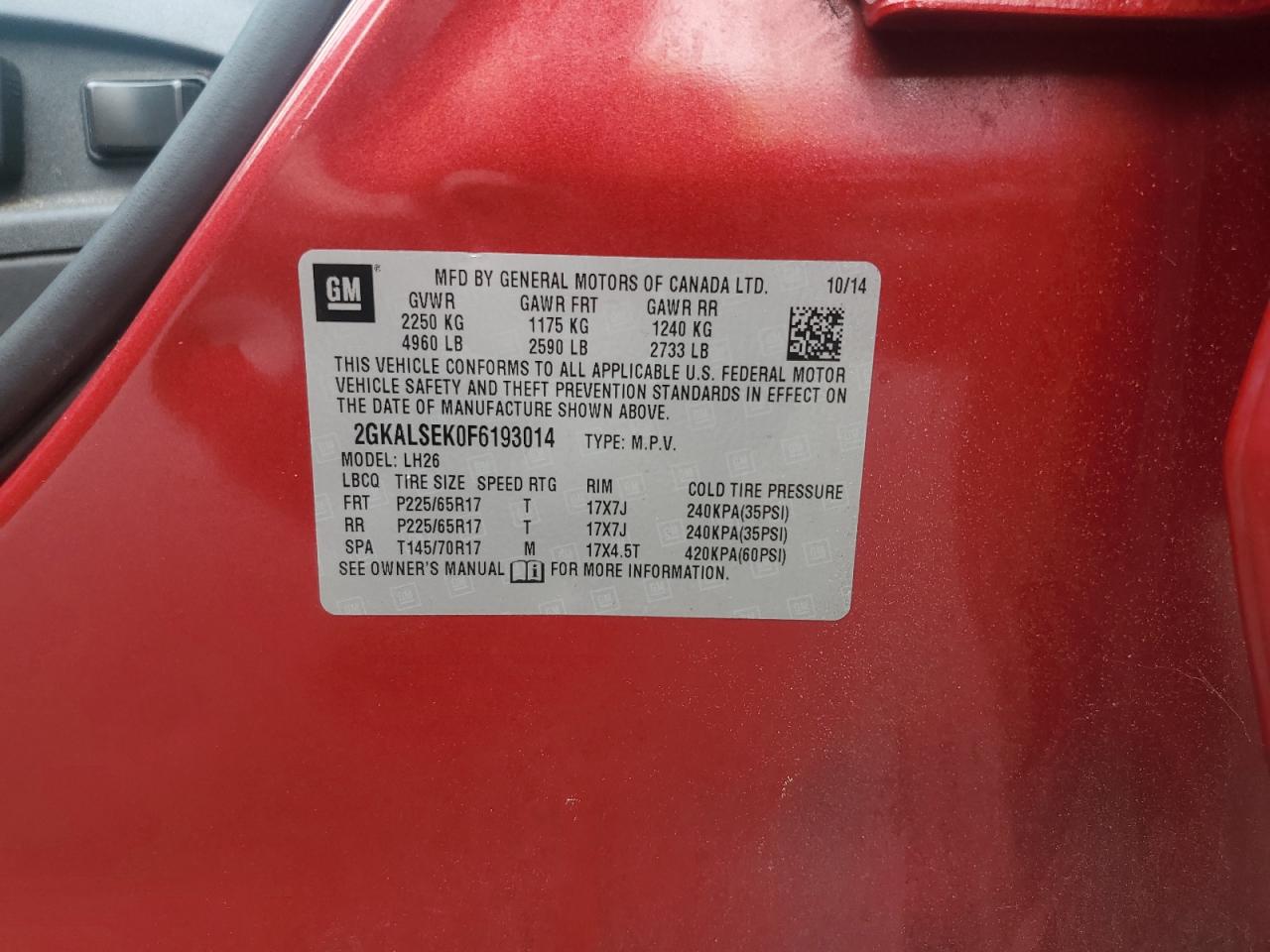 2015 GMC Terrain Slt VIN: 2GKALSEK0F6193014 Lot: 64358904